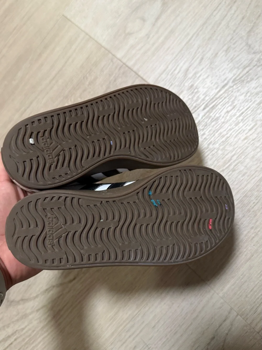 adidas Kids White Sneakers with Black Stripes and Brown Sole